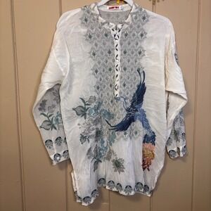 JOHNNY WAS Blue Phoenix PRINT EMBROIDERED LONG SLEEVE TUNIC TOP SZ S